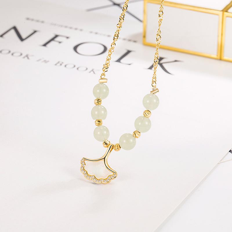 2022 Apricots Hetian Jade Shell Necklace - Ginkgo Leaf Pendant, Light Luxury for Girls  Birthdays Copper