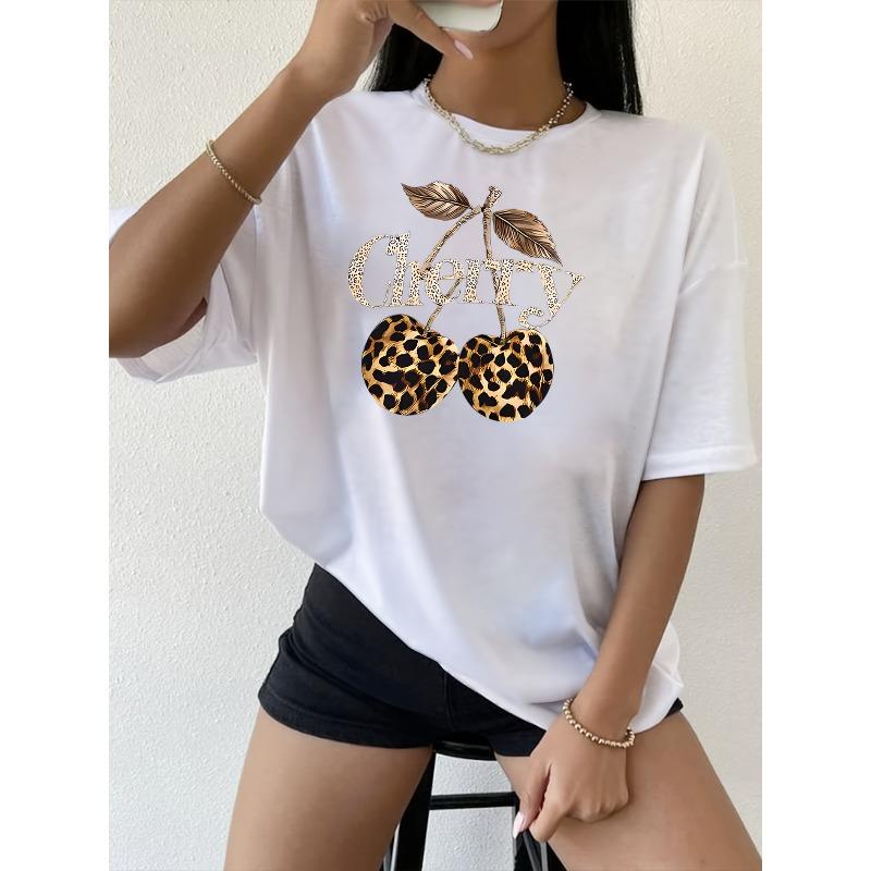 

European Size Womens Casual Short Sleeve T Shirt Leopard Print Cherry Graphic Glitter Lettering Vibrant Orange Round Neck Medium Stretch 4XL