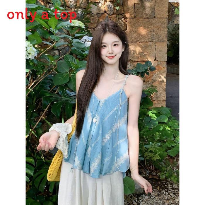 Summer Blue Floral Beaded Camisole With Loose Fit For Womens Vacation Wear