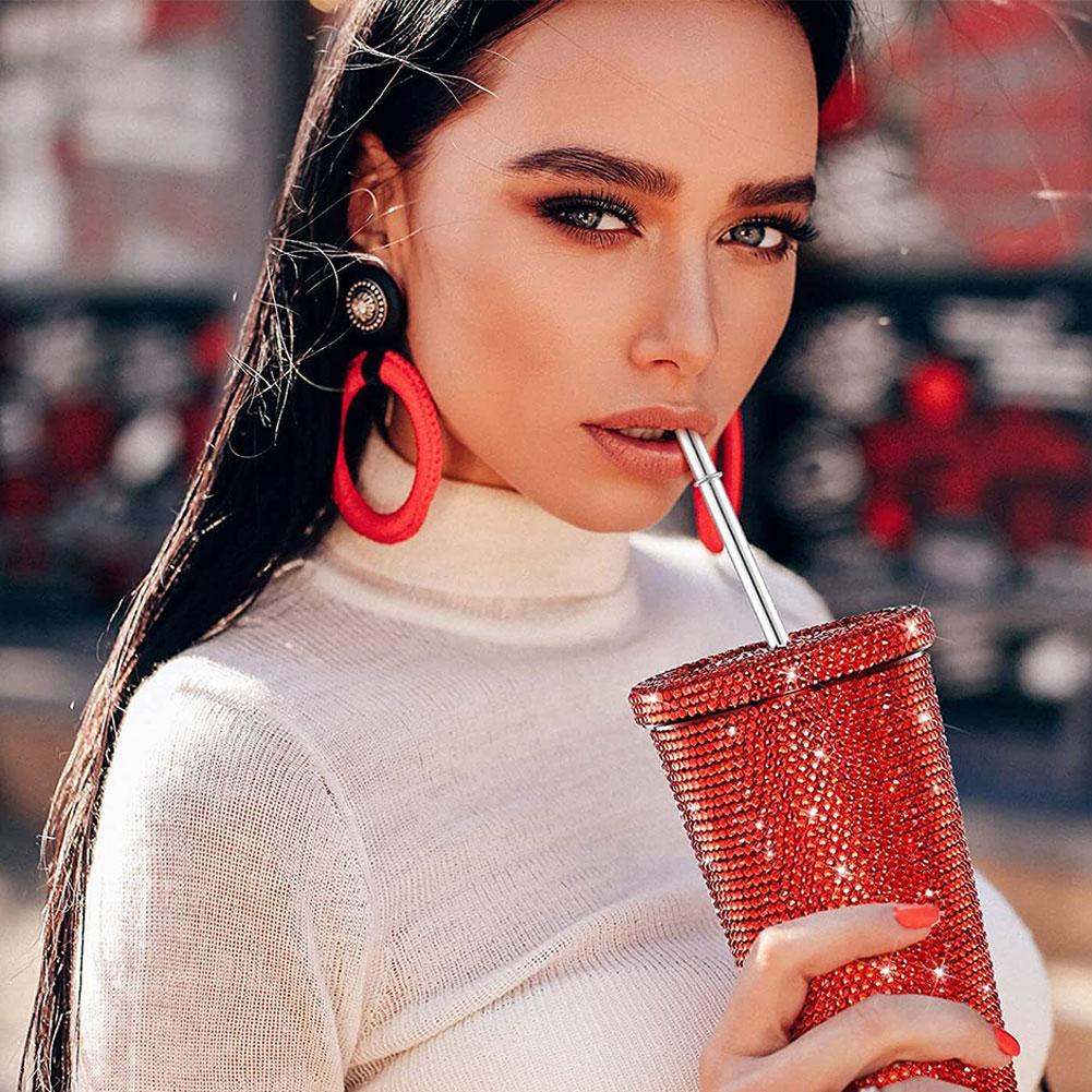 Insulated Straw Tumbler Stainless Steel Rhinestone Cup 24 Hour Hot Cold Water Coffee Drinkware For Office Travel Gym Accessories