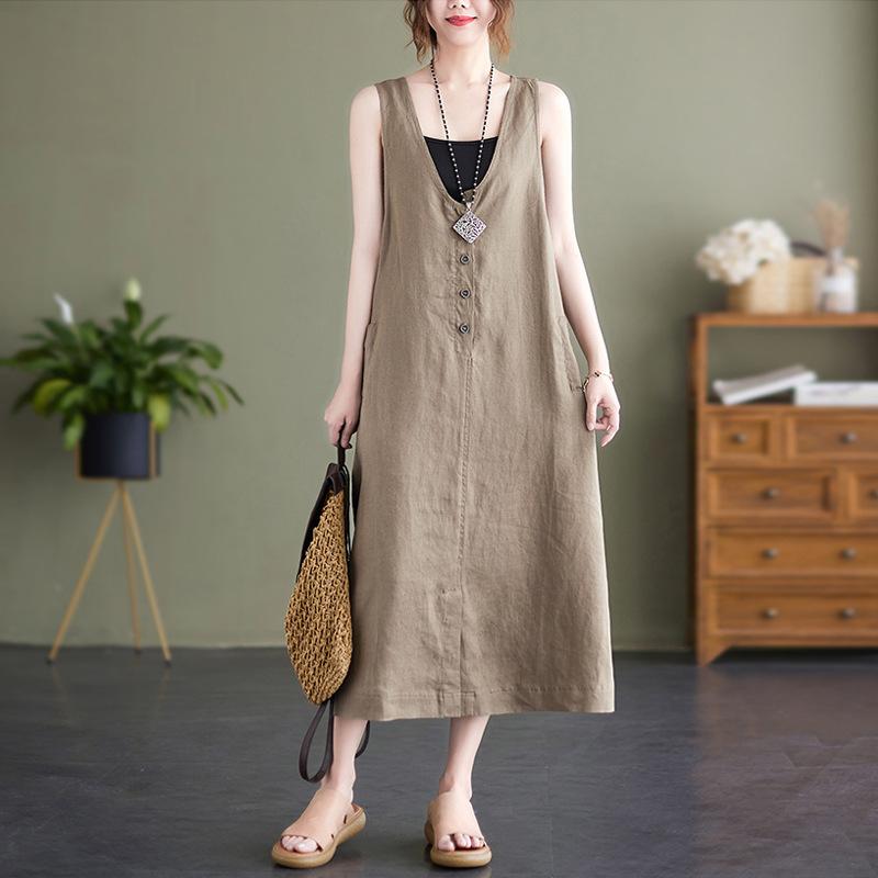 

Летнее художественное свободное конопляное платье без рукавов с V-образным вырезом для женщин средней длины M хаки