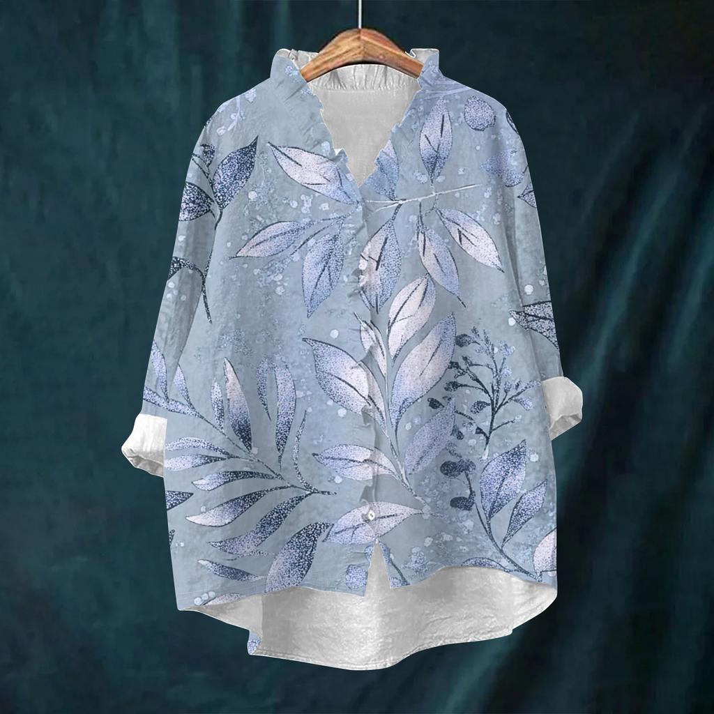 Women's Loose Ruffled Retro Floral Print Stand Collar Long Sleeve Cotton And Linen Top