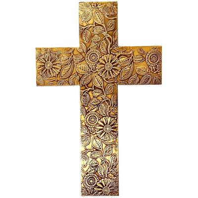 Wooden Wall Cross: Handmade Mangowood Plaque With Embossed Metal Sheet, Gold