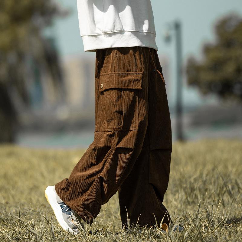 Japanese Vintage Brown Corduroy Pants Men's Loose-fit Drawstring Ankle Casual Pants Autumn Winter Season