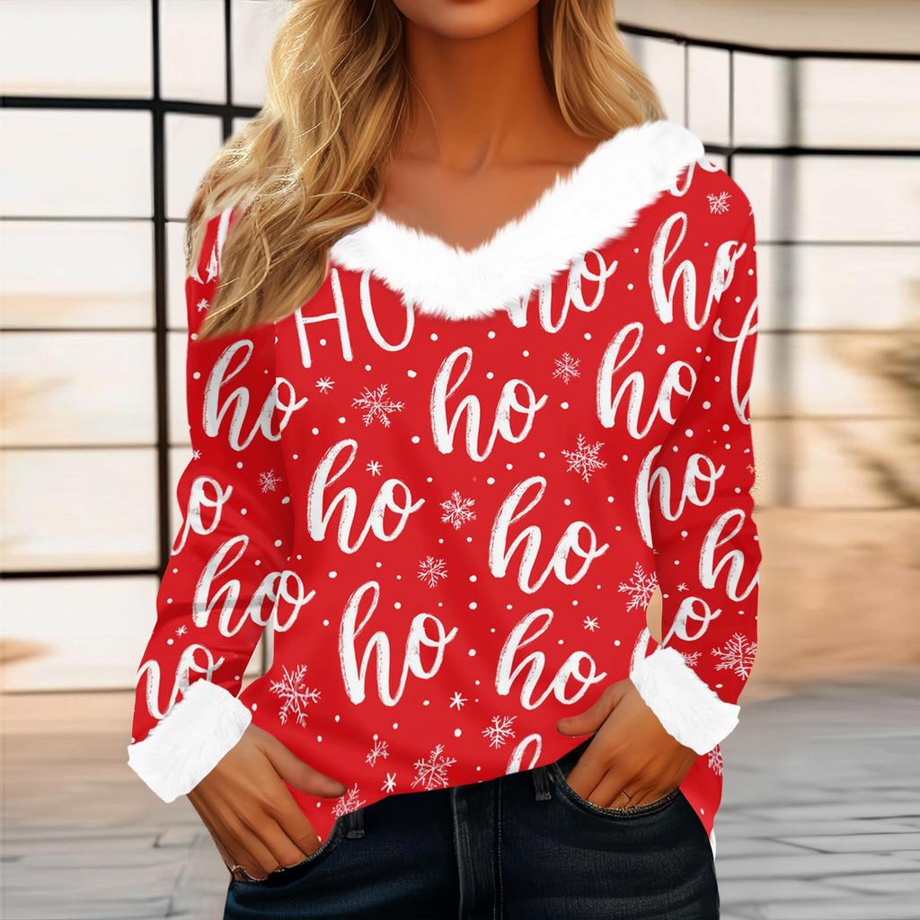 Women's Casual Long Sleeve Christmas Print Top with Plush Collar Holiday Tunic
