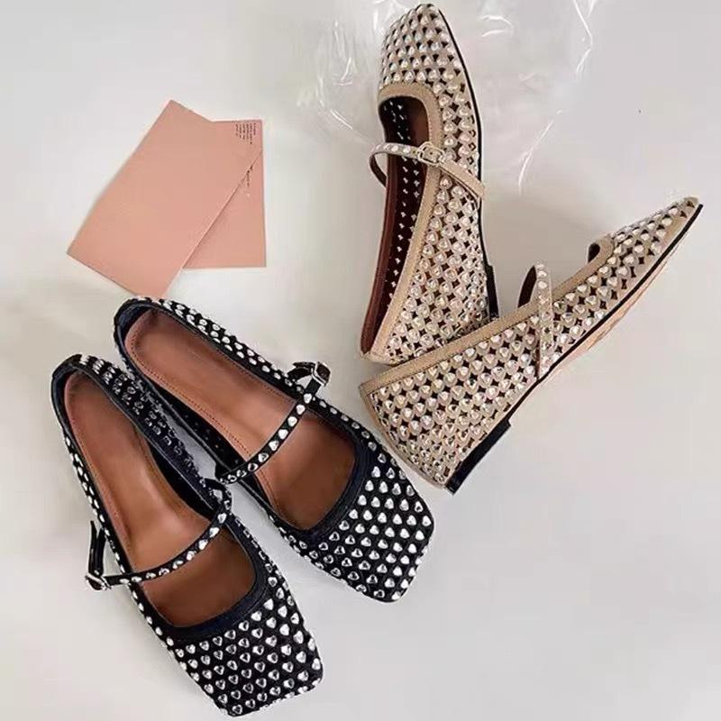 Sheepskin version~ French square head rhinestone one-word buckle with Mary Jane women's shoes inner height increase shallow mouth ballet single shoe