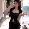 Pure desire Spice Girl Sexy Square Neck Strap Short Sleeve T-Shirt Women's Summer Waist Skinny Short Clavicle Top Women's T