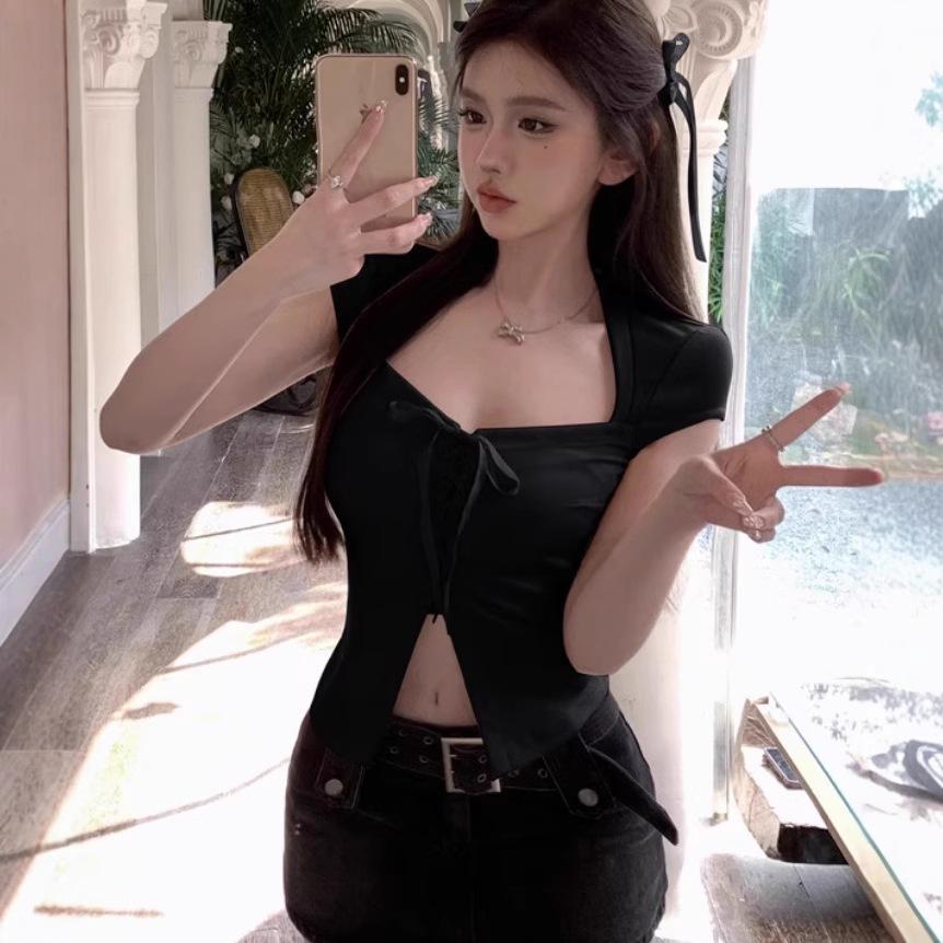 Pure desire Spice Girl Sexy Square Neck Strap Short Sleeve T-Shirt Women's Summer Waist Skinny Short Clavicle Top Women's T