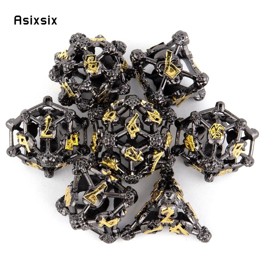 7 Pcs Black Yellow Skull Head Metal Dice Hollow Metal Polyhedral Dice Set Suitable for Role-Playing RPG  Board Game Card Game