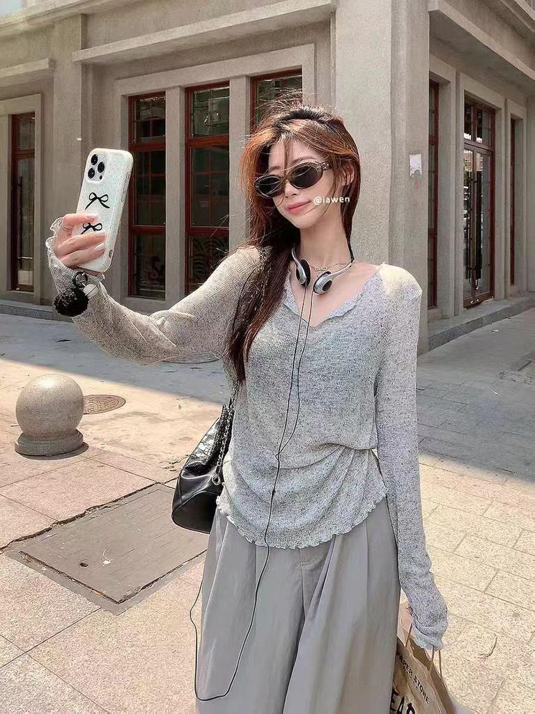 Slack v-neck micro-transparent sunscreen T-shirt women's spring summer Korean casual style fungus edge blouse thin long-sleeved top