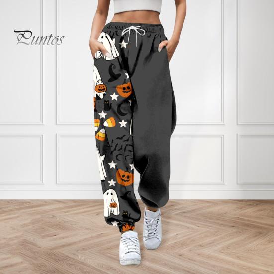 Women Sweatpants Elastic High Waist Adjustable Drawstring Joggers Pants Halloween Pumpkin Print Fitness Pants
