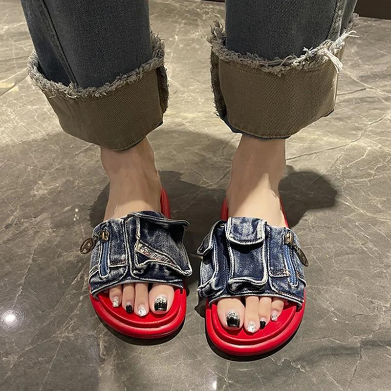 Fashion Cowboy Flats Platform Slippers Women Beach Shoes Summer Sandals Walking Flip Flops 2024 Designer New Casual Femme Zapatos Slides