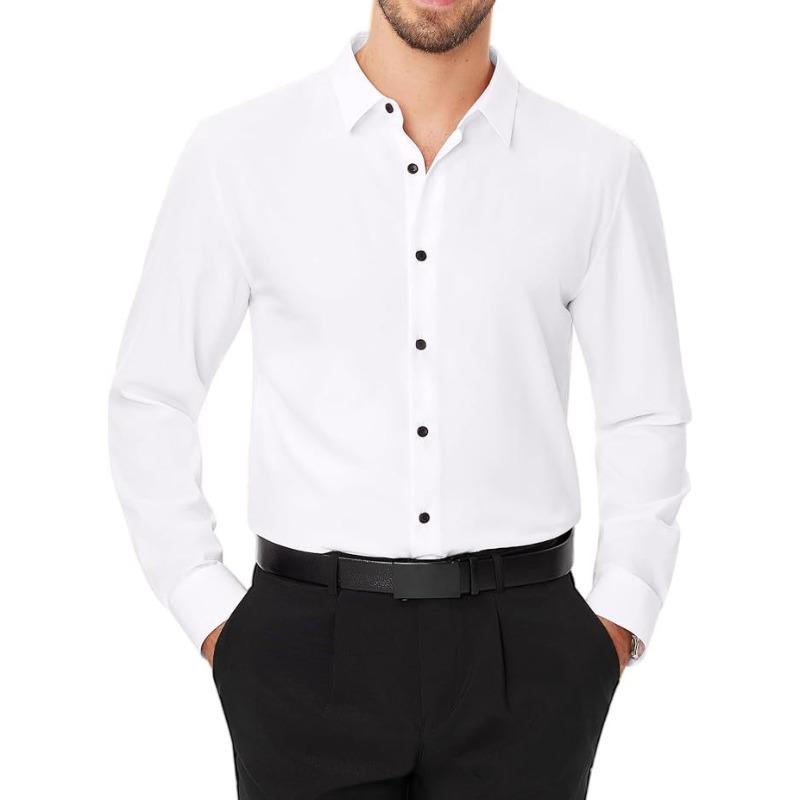Men Solid Long Sleeve Dress Shirt with Black Buttons, 4-Way Stretch Wrinkle Free Business Formal Shirt, Cross-border Hot Selling Shirt