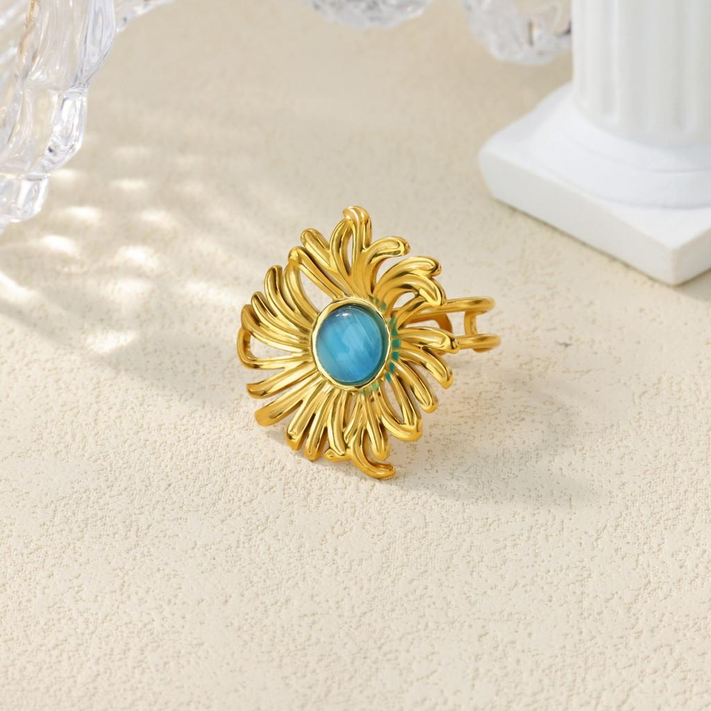 New retro natural stone zircon ring flower round opening stainless steel ring premium versatile jewelry