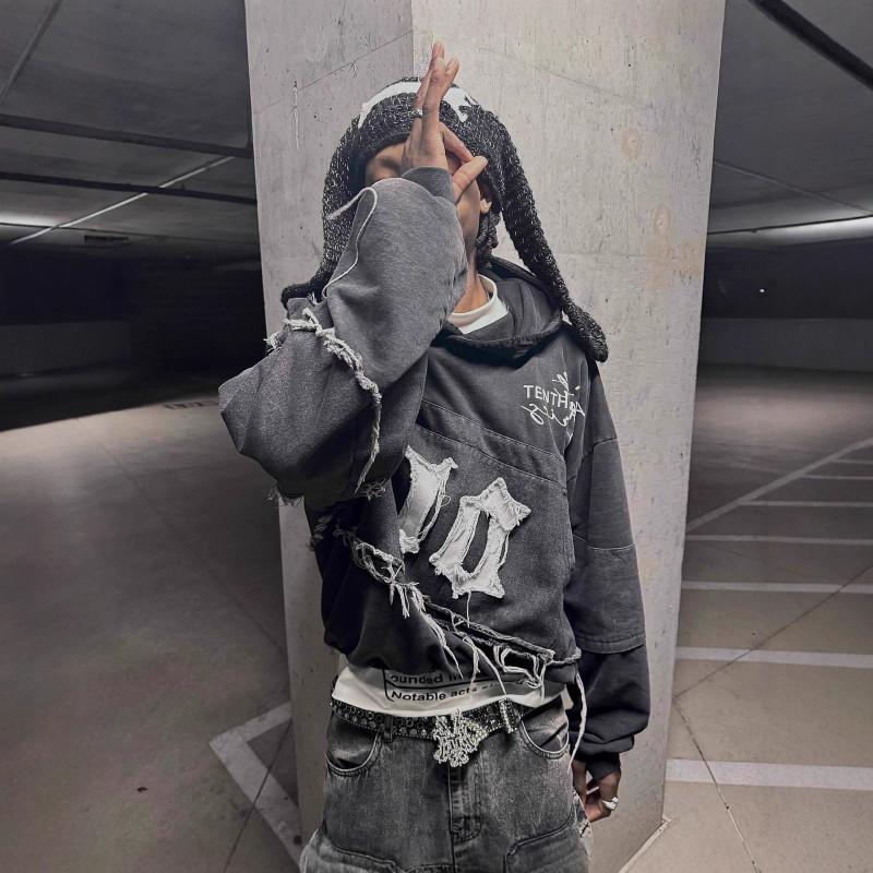 Oversized Distressed Hoodie Unisex Streetwear Loose Fit Graphic Print Black Cotton Blend 2025 Winter