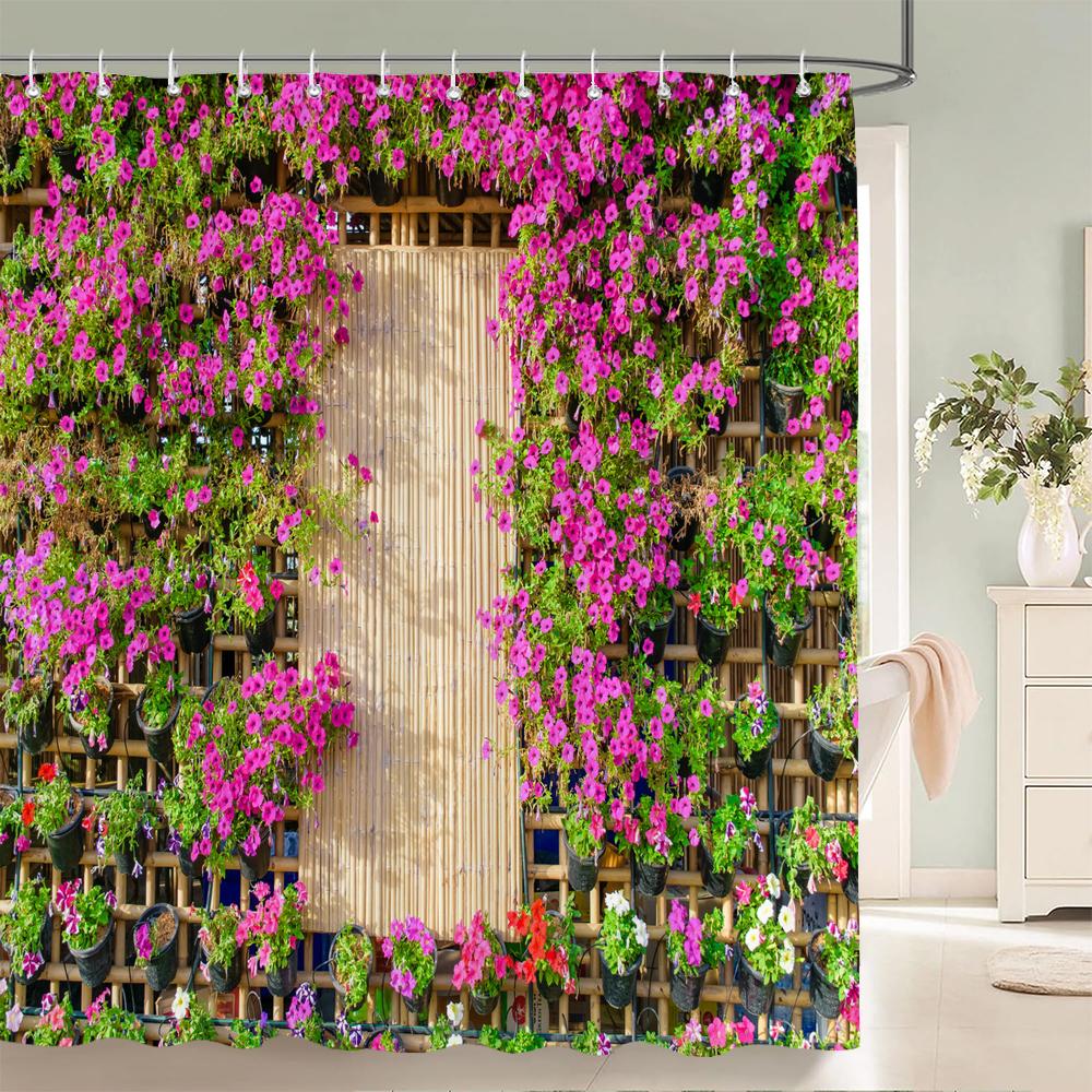 Flower Scenery In Rural Towns Printed Shower Curtain 3D Street Window Flower Landscape Printed Home Decoration Bathroom Curtain