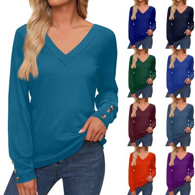 Tops femininos manga comprida punhos camisa com botões decote em v casual camiseta solta roupas de outono