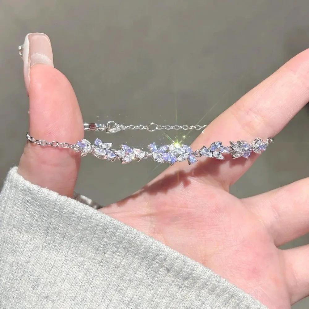 

Delicate Floral Design Adjustable Bracelet for Women Silver Plated Chain with Cubic Zirconia Stones Elegant Nature Inspired Jewelry Accessory фиолетовый