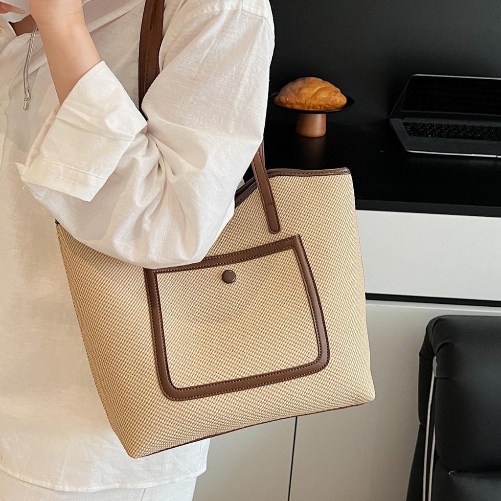 2025 new simple casual lazy texture commuter contrasting color splicing women's tote bag shoulder bag