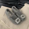 Suding Home! Flat Gray Felt Square Head Rhinestone Single Shoes Women's 2025 Autumn and Winter Plush Mary Jane Mao Shoes