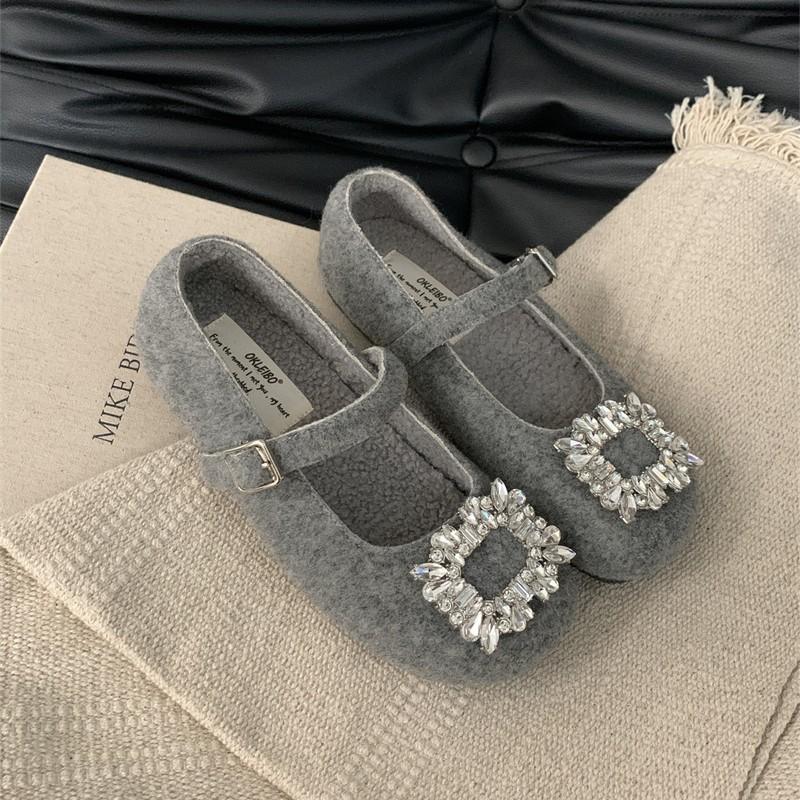 Suding Home! Flat Gray Felt Square Head Rhinestone Single Shoes Women's 2025 Autumn and Winter Plush Mary Jane Mao Shoes
