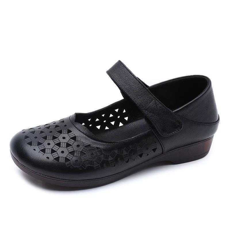Genuine Leather Sandals Hollow Women 2025 New Model Summer Large Size Wedges Heel Shoes Comfort Women Soft Casual Sandals