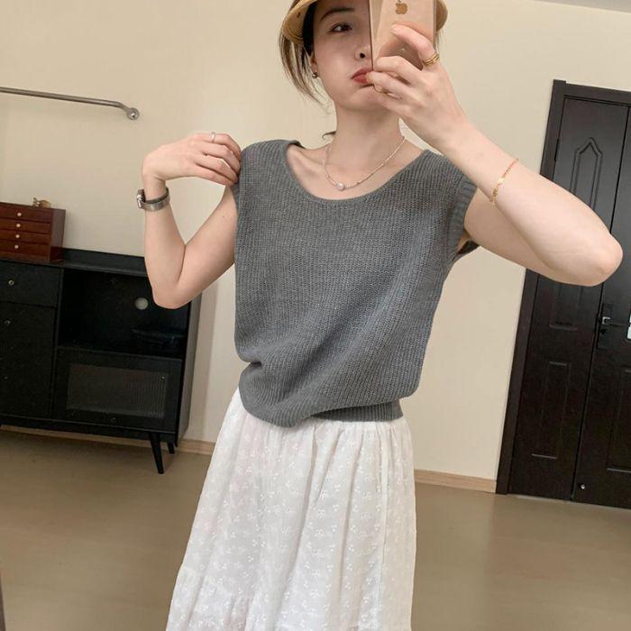Women's High-End Ice Silk Blue Knit U-Neck Short-Sleeve T-Shirt - Summer 2025 Collection