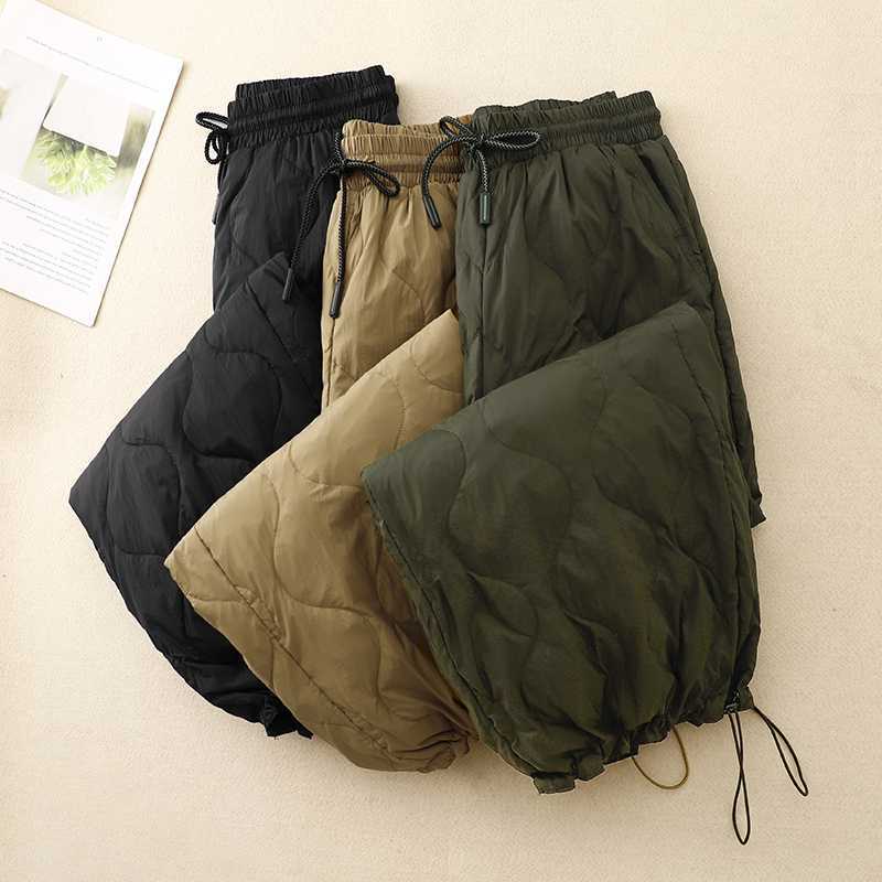 Winter New Literary Tie Elastic Waist Diamond Lattice Embossed Line Cotton Pants Female Windproof Warm Long Cotton Pants