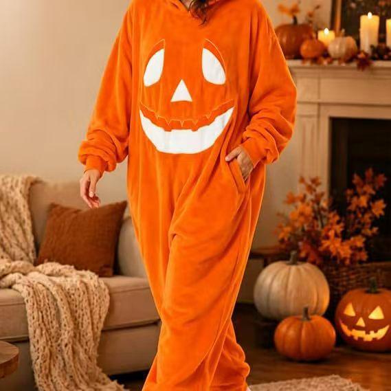 Pigiama Intero in Pile Corallo Autunno/Inverno con Zip - Spesso, di Velluto e a Tema Halloween per Uso Interno ed Esterno