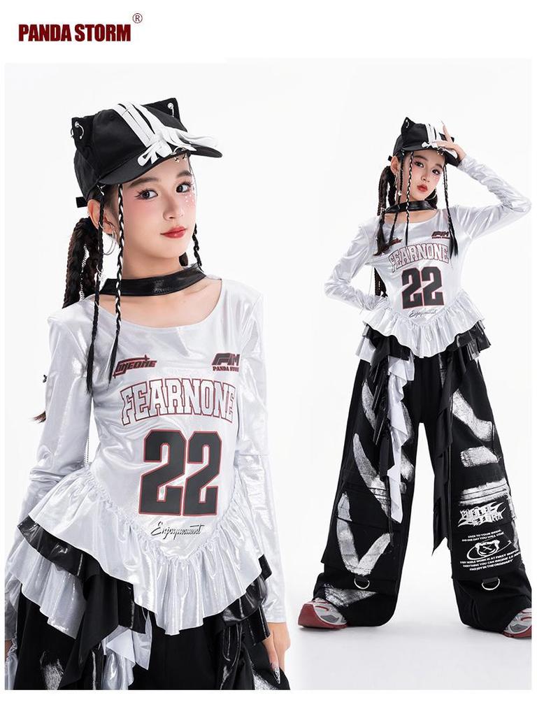 Girls' Trendy Jazz Hip Hop Dance Outfit - Long Sleeve T-shirt & Trousers for Street Dance Performance