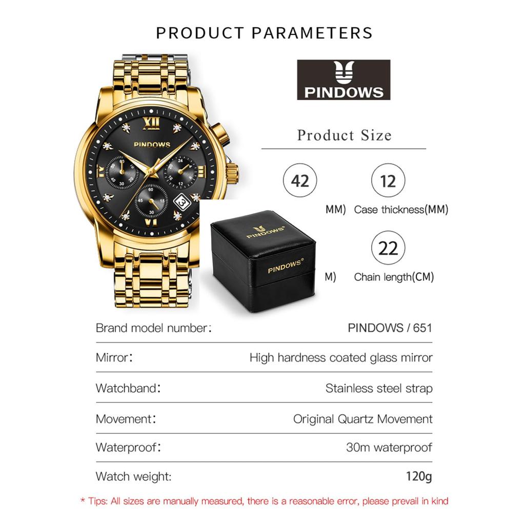 PINDOWS Luxury Quartz Chronograph Watch with Date Large Waterproof Business Stainless Steel Luminous Diamond Accents Men's Display, Dial, Watch, Band,