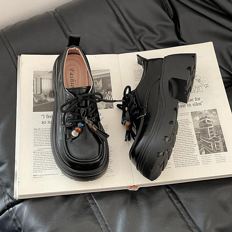 Fashion Mary Jane shoes platform heightening small leather shoes autumn and winter lace-up bag head single shoes comfortable and not tired feet lo