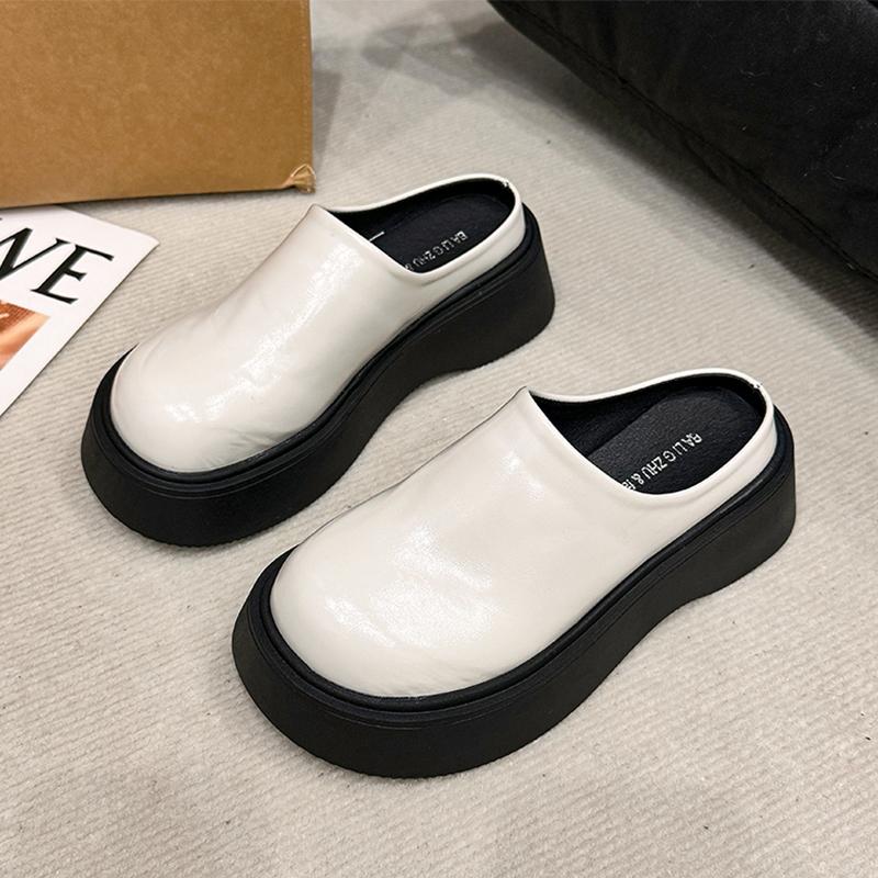 Women's Mules Slippers 2026New Casual Leather Slippers Fashion Baotou Half Slippers Waterproof Leather Slipper Zapatos De Mujer
