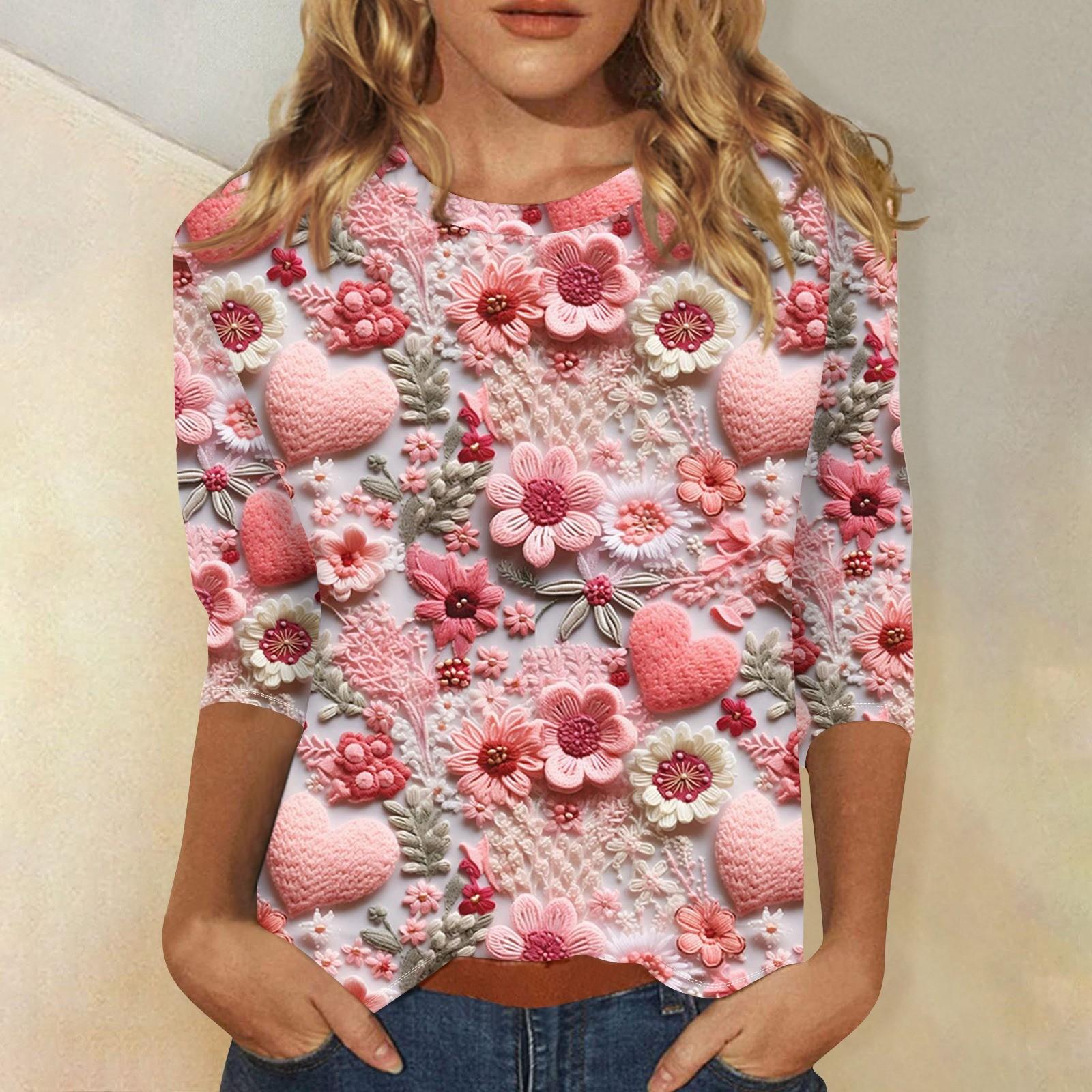 

Женская мода повседневная кофта с разрезом на рукаве 3/4 и принтом ко Дню святого Валентина с круглым вырезом XL