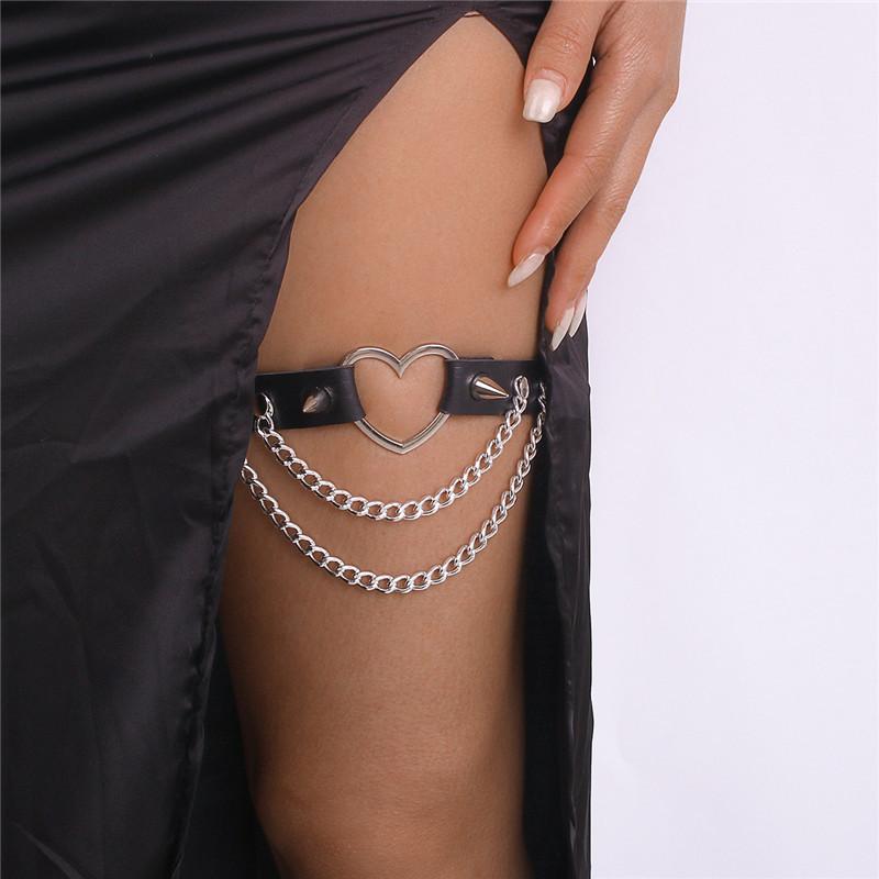 2025 Leg Tassel Chain Leather Elastic Spiked Leg Harness For Women Girls Goth Heart Thigh Garter Belt Rave Body Jewelry Gift