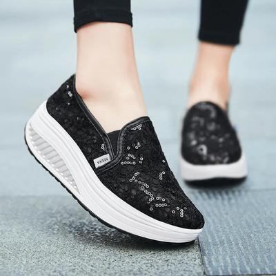 Scarpe Estive Casual Nere da Donna Tacco Inclinato Moda Scarpe Casual Colore Unico Paillettes Intaglio Pizzo Piattaforma