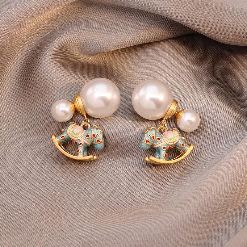 Silber Perlen Tropfen Kleines Pferd Anhänger Ohrstecker - Elegante Retro Ohrstecker für Damen