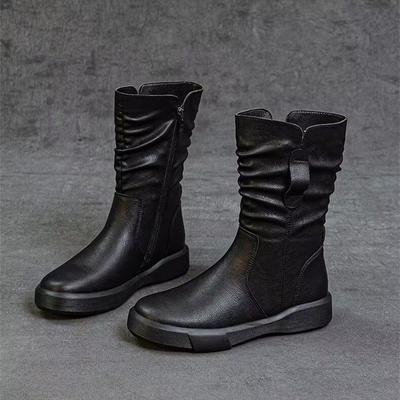 Simple Versatile Martin Boots Women's Autumn and Winter Brown Medium Boots Comfortable Warm Pleated Thick-soled Boots