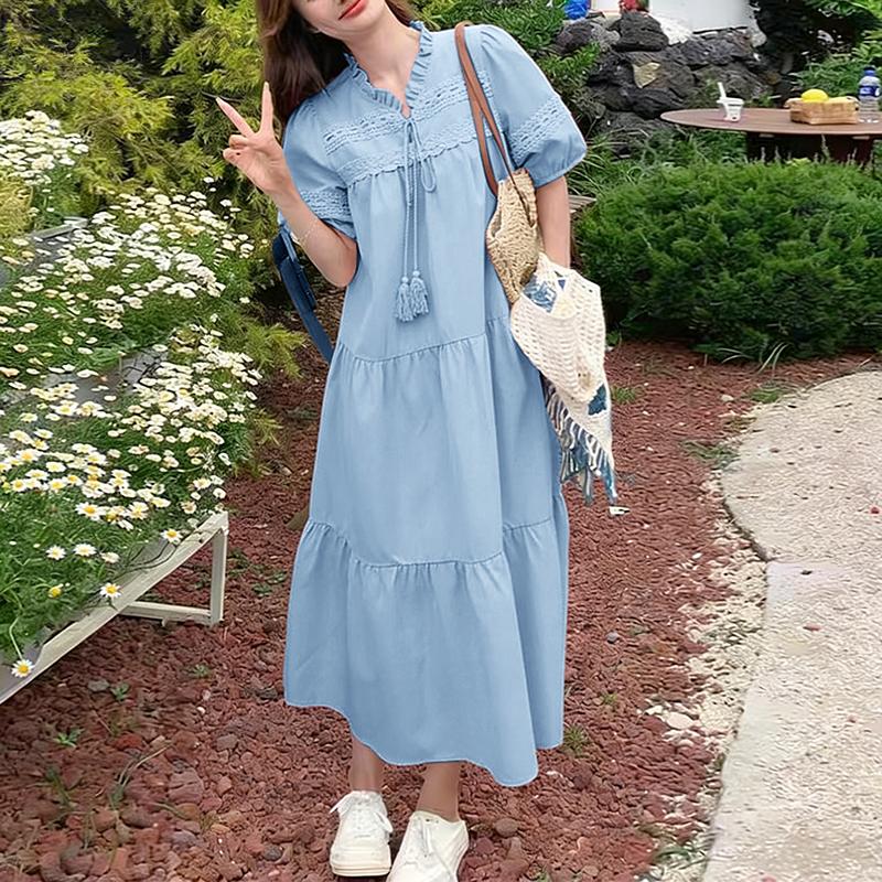 ZANZEA Women Casual Round Neck Elegant Lace Patchwork Short Sleeve Long Dress