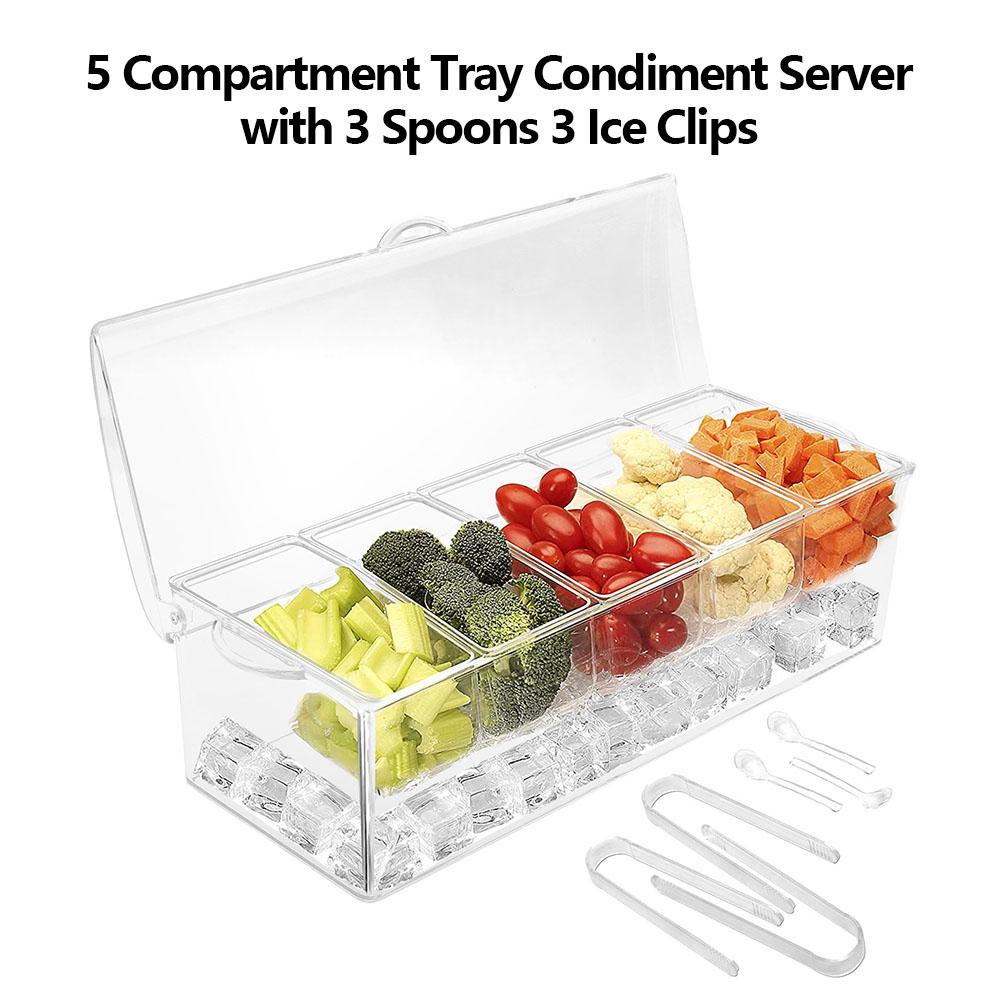 Chilled Condiment Server Reusable Clear Garnish Tray with 5 Removable Compartment Food Grade Safety Chilled Serving Container