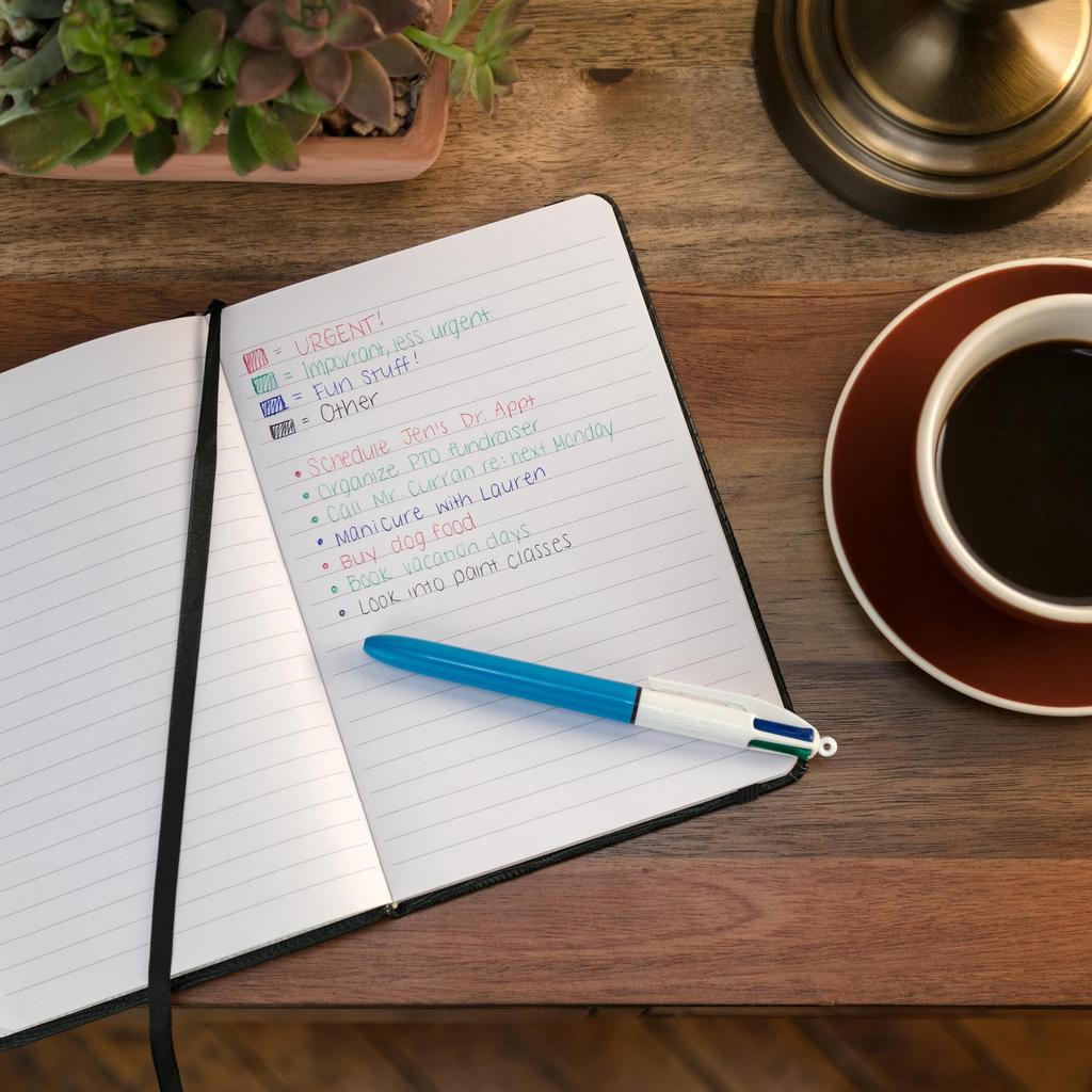 BIC retractable ballpoint pen with ink and comfortable wide assorted 4-color long-lasting barrel, 3-pack inks.