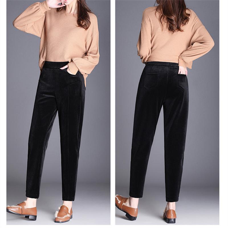 Autumn Winter Women Solid Color Pant Casual Elastic High Waist Straight Leg Trousers LooseCorduroy Warm Thick Haren Pants Female