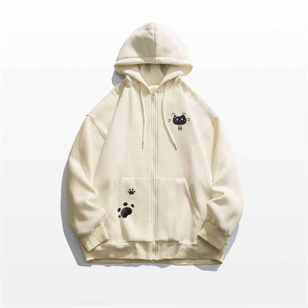 Spring And Autumn Thin Collection Fashion Trends Versatile Casual Lazy Wind Cute Girl Zipper Fun Cat Print Hooded