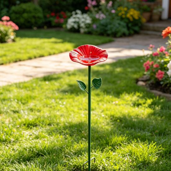 Flower Hummingbird Water Feeder Metal Garden Post Bee Watering Station And Butterfly Waterer Outdoor Bird Bath for Pollinators Garden Decor
