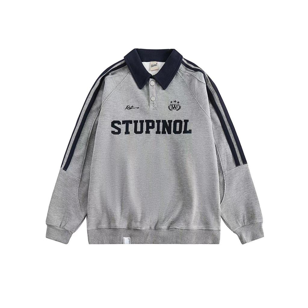 Women's Striped Polo Collar Sweatshirt - Korean Style with American Letter Embroidery