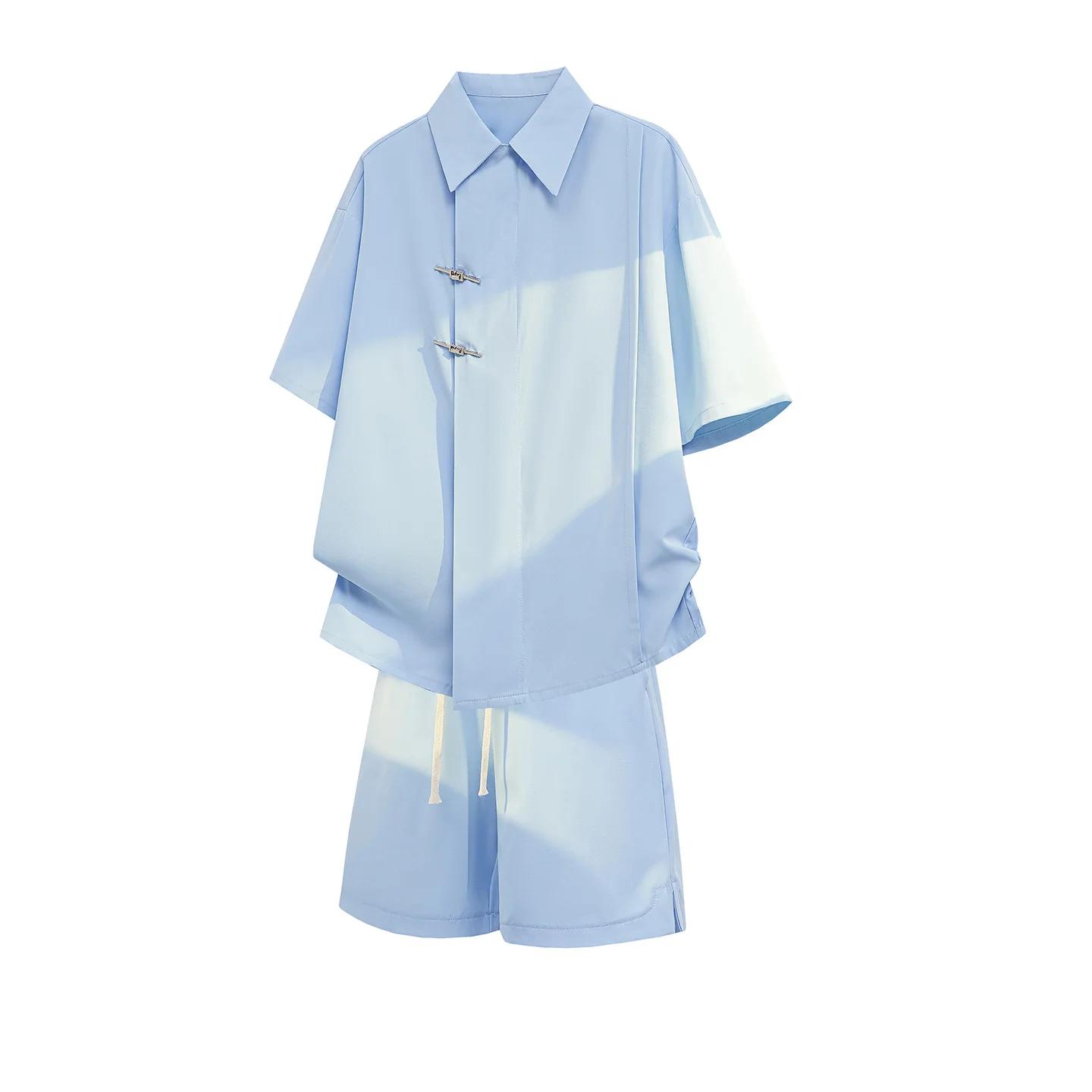 

Summer Mens Sets Men Loose Short Sleeve Shirts & Shorts Suits Men Beach Oversized Casual 2-Piece Sets Male Chinese Style Suit L синій
