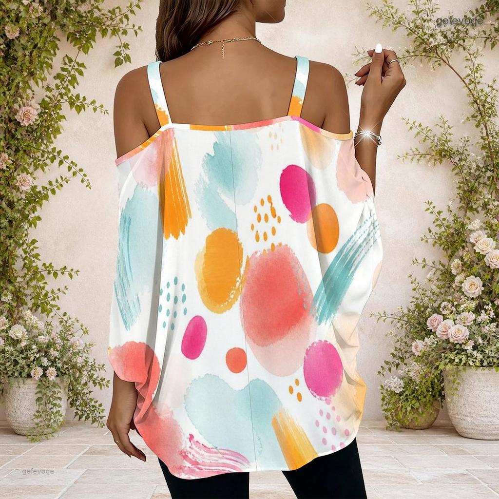 Women Plus Size Off Shoulder V Neck Short Sleeve Blue Black Abstract Print Loose Blouse