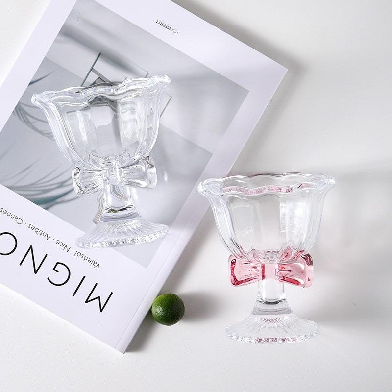 Bowknot Glass Cup High Foot Goblet For Women Sweet Wine Cocktail Cup Ice Cream Cup High Appearance Level Design