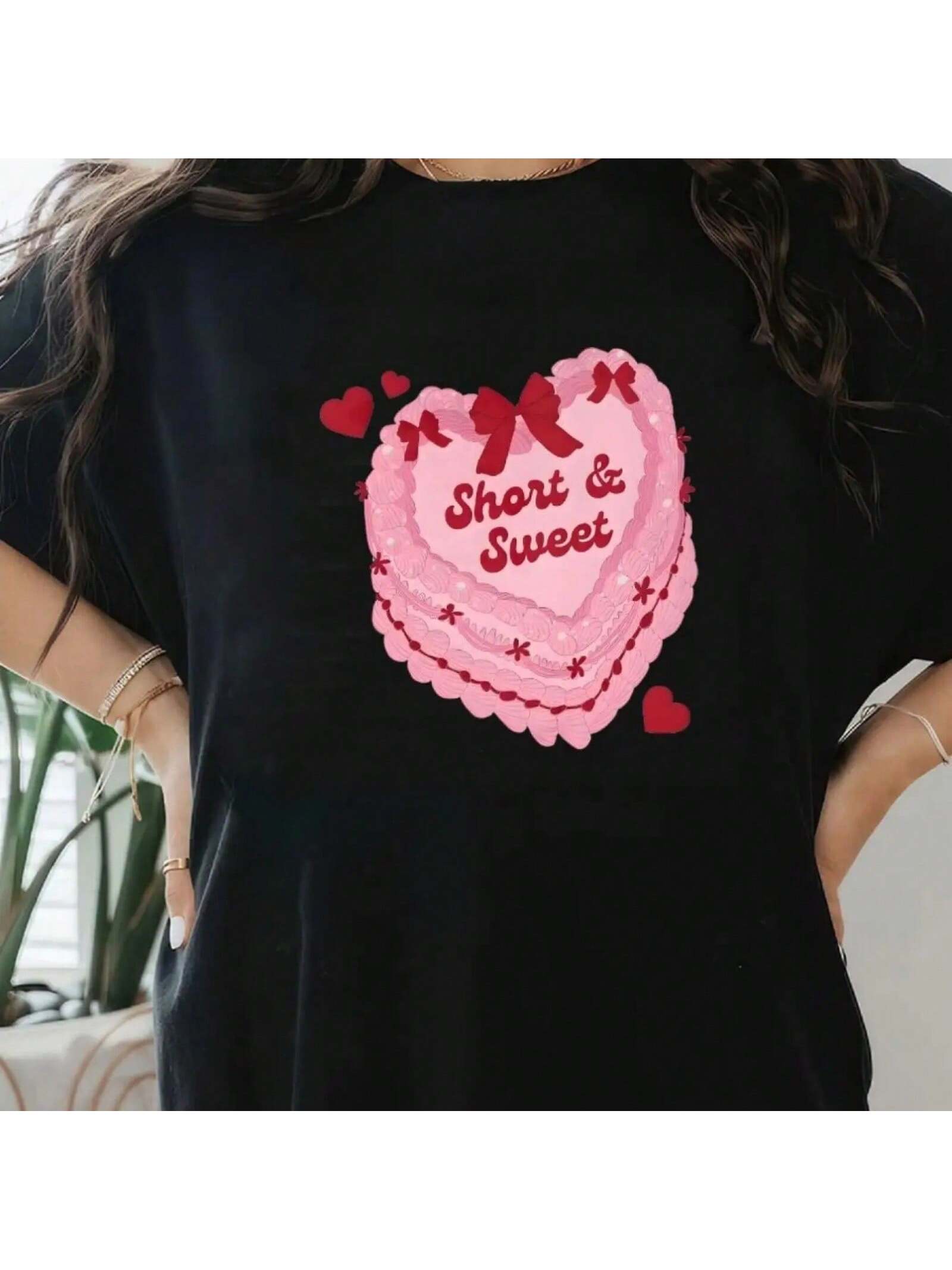 s Cotton Graphic Tee - Breathable Comfortable, Casual Sporty Style With Cute Heart Print, Round Neck Short Sleeve T-Shirt S разноцветный