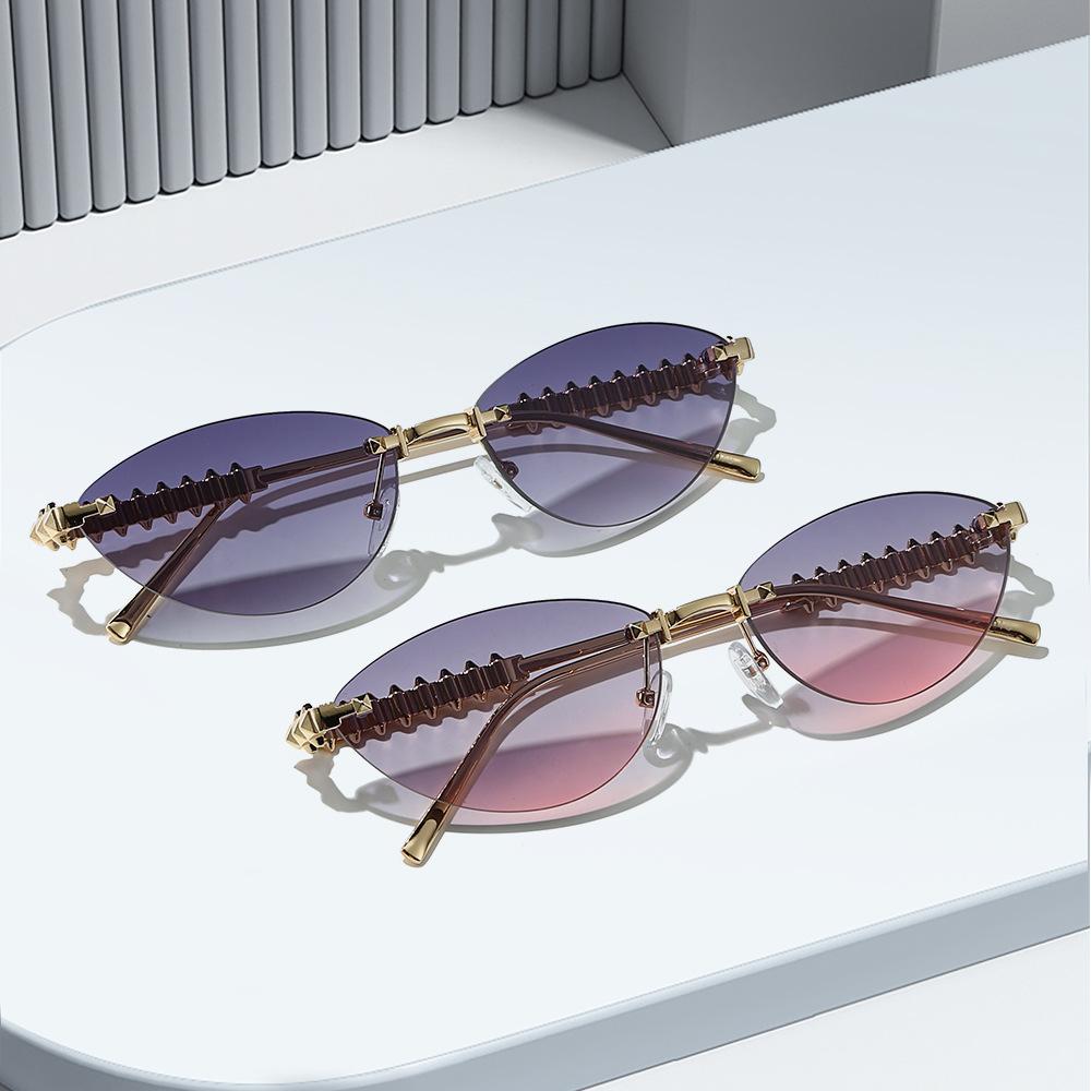 Cat-eye Sunglasses, Metal Frameless Design, Unisex, Suitable for Outdoor Wear and Fashion Shows, with Rivet Detailing On the Arms